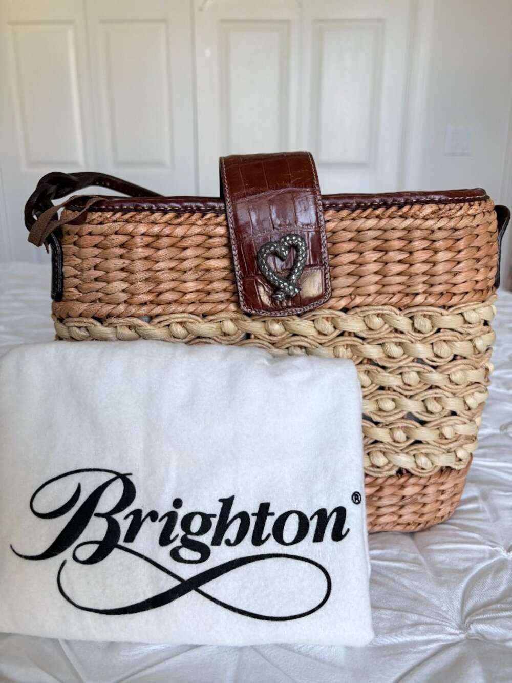 Brighton Vintage Tricolor Straw & Croco Leather Shoulder Bag